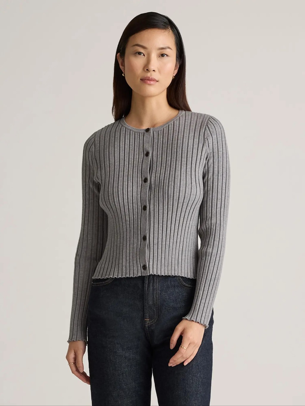 Quince Eco-Knit Cropped Rib Cardigan Heathered Gray